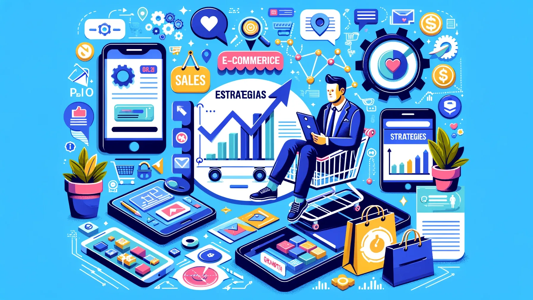 Representando una escena completa de estrategia de comercio electrónico. Esto incluye elementos como un carrito de compras, herramientas de marketing digital, actividades de compromiso con el cliente y gráficos de crecimiento para comunicar visualmente métodos efectivos para impulsar las ventas y cultivar la lealtad del cliente en un entorno de venta minorista en línea.