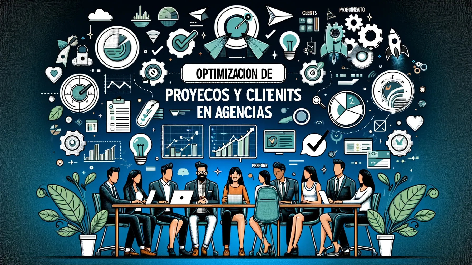 La imagen ilustra un tablero de gestión de proyectos, reuniones con clientes satisfechos, métricas de rendimiento y herramientas de marketing digital en una agencia.