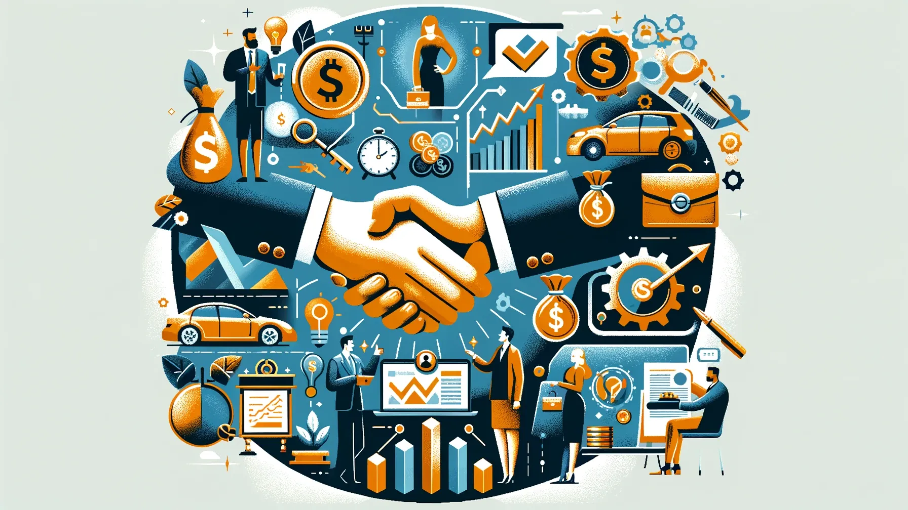 El diseño encapsula interacciones de ventas profesionales, el compromiso con clientes valiosos y la esencia de negociaciones de productos o servicios premium, todo entrelazado con símbolos de éxito y exclusividad.