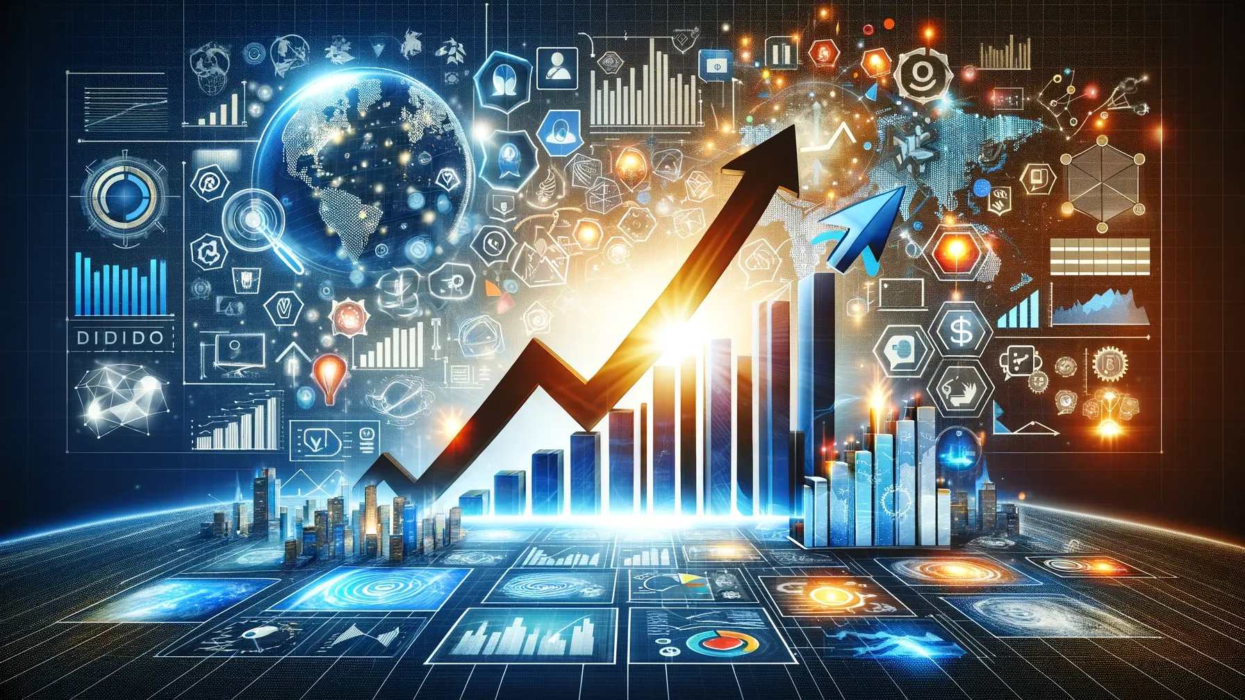 Imagen destacando estrategias clave para el crecimiento y expansión online: gráficos digitales, red global, plataformas de comercio electrónico y estrategias de redes sociales, resaltando innovación y alcance global.
