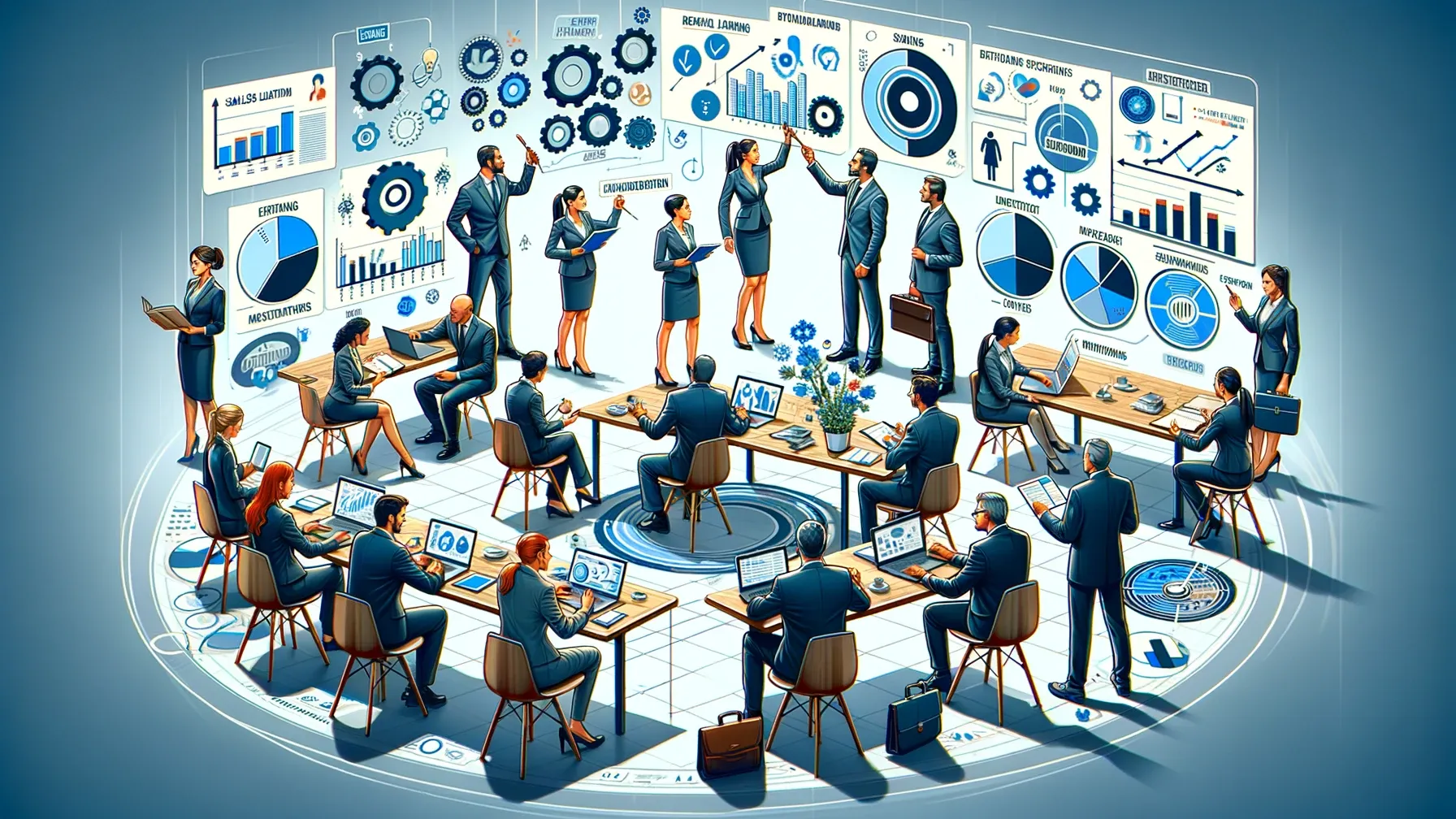 La imagen ilustra técnicas y estrategias para programar reuniones empresariales efectivas, destacando elementos como agendas digitales, videoconferencias, y herramientas de gestión de proyectos.