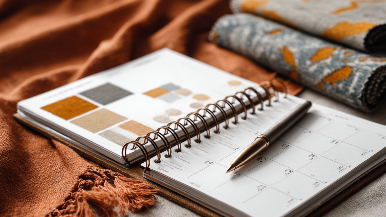 Open planner sitting on top of fabrics.