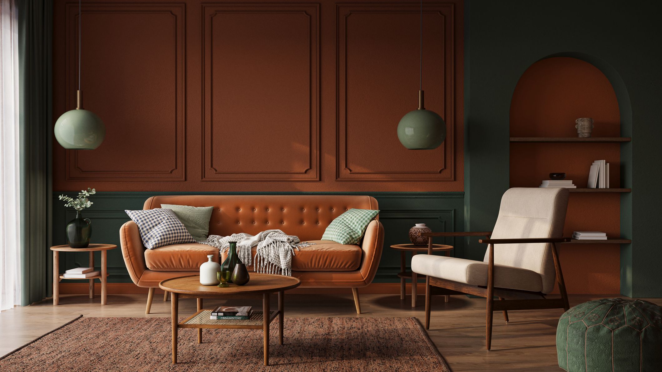 Interior design of modern apartment with colorful dark walls and orange sofa. 