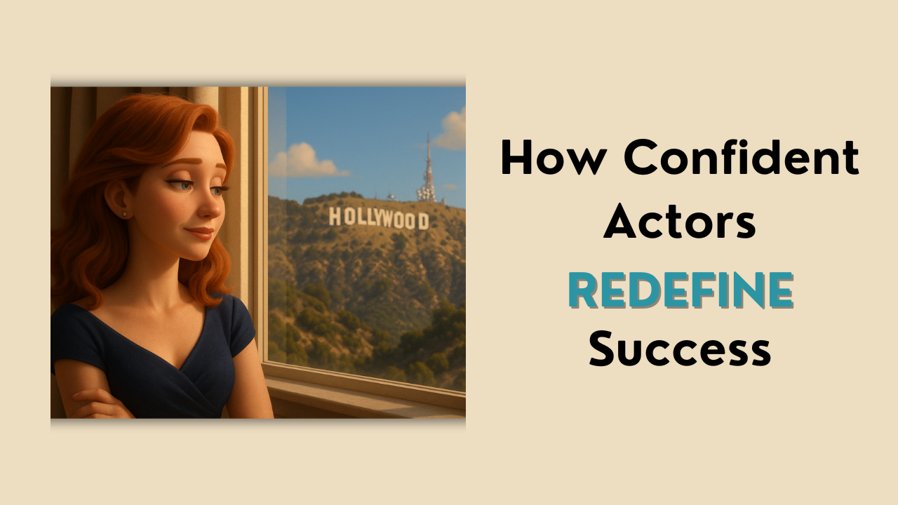 An actress thoughtfully contemplating her acting journey while peering out the window at the Hollywood sign. Text: How Confident Actors Redefine Success