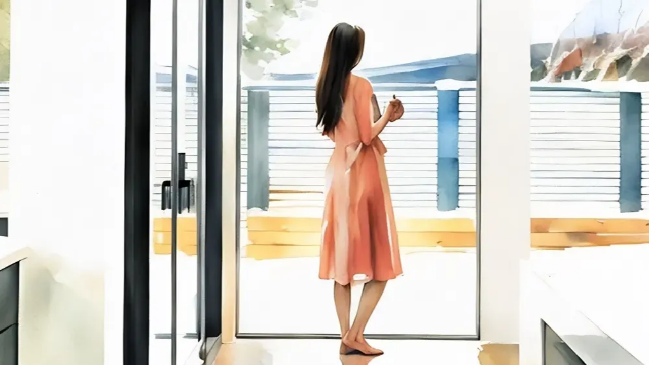 Woman standing by window observing