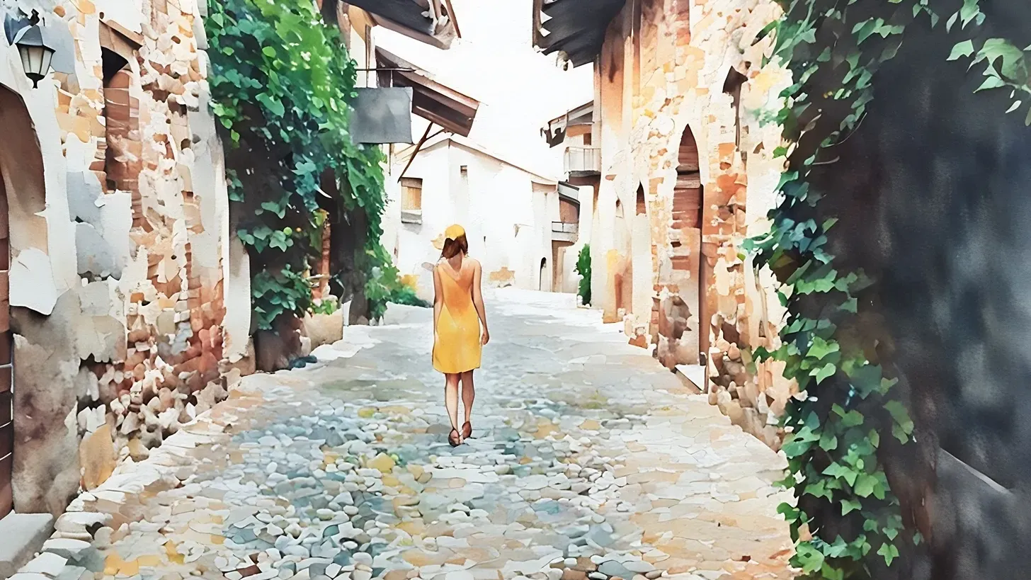 Girl walking on cobblestone street on sunny day