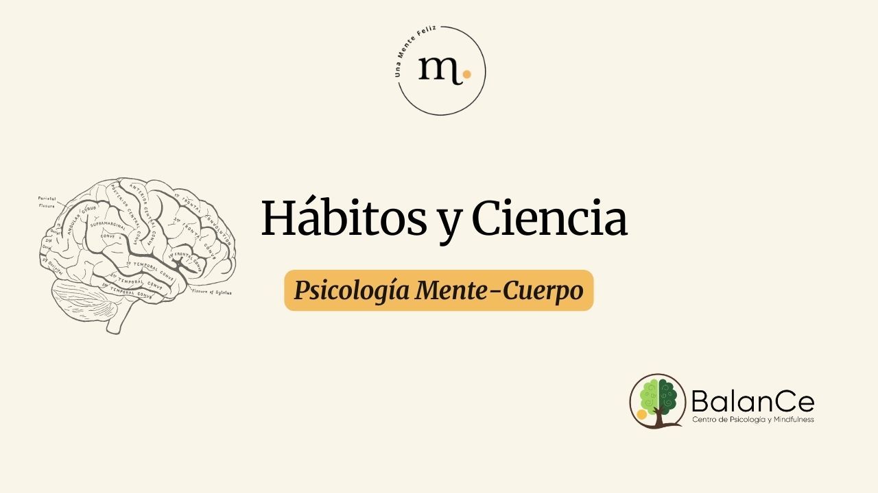 Ilustración minimalista de un cerebro con el texto “Hábitos y ciencia” y “Psicología Mente‑Cuerpo” para un artículo sobre cómo los hábitos esculpen la mente y la vida