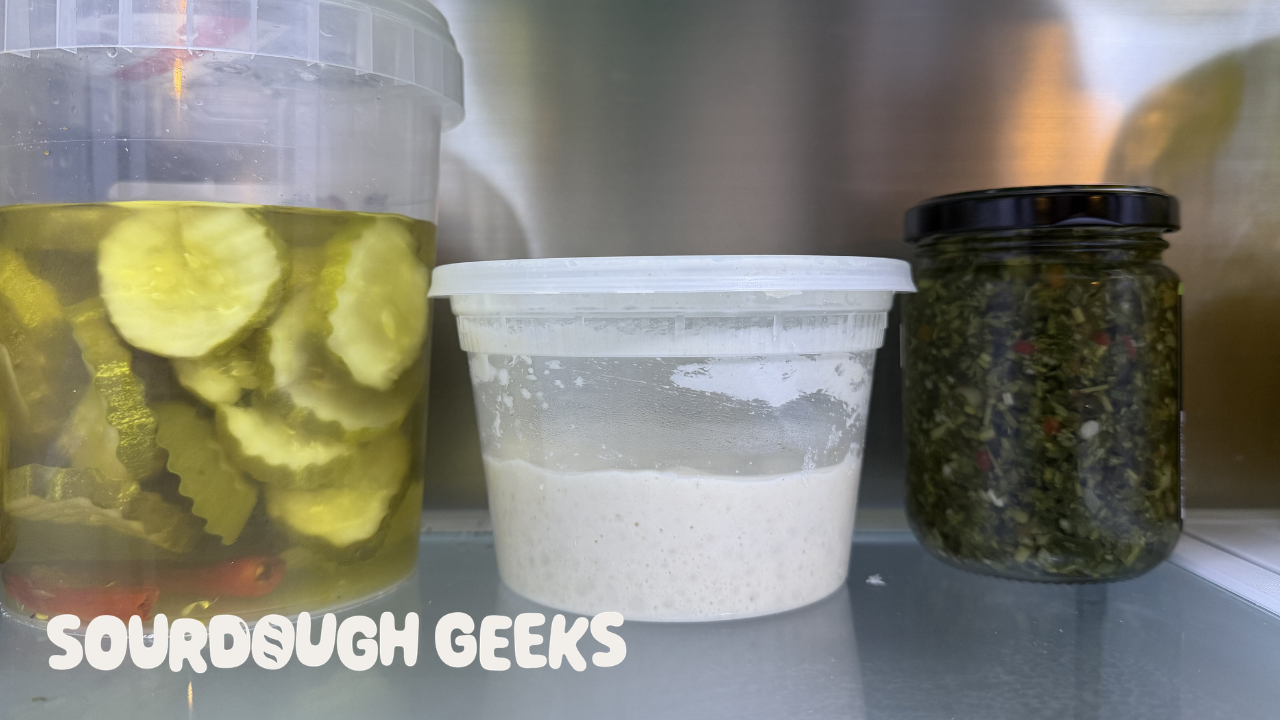 a pot of starter sits in a fridge between pickle jars