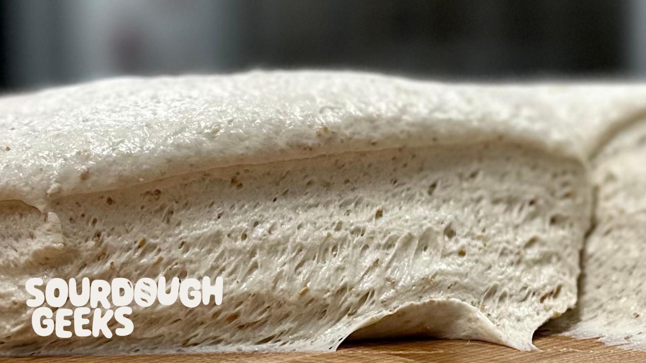 Dough on bench right after bulk fermentation, before shaping