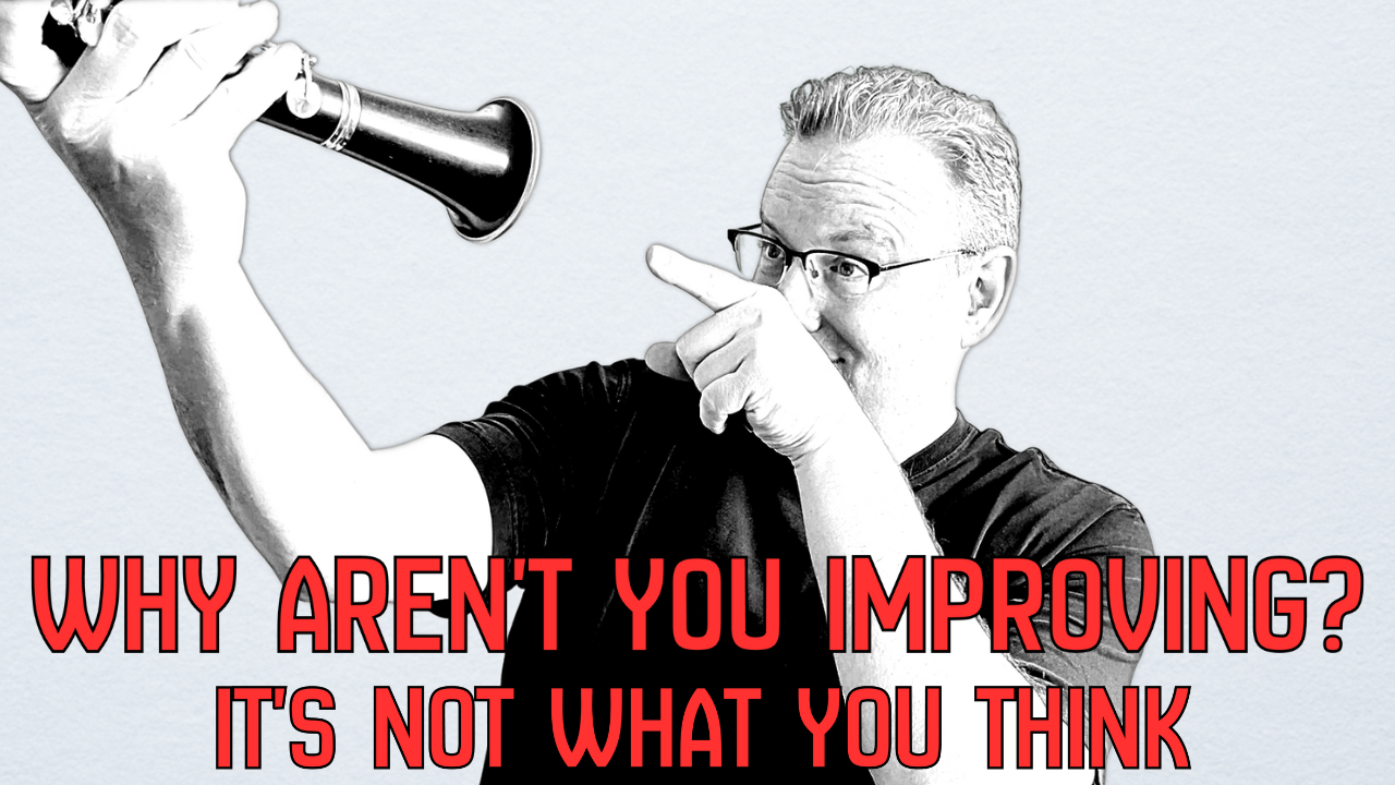 Jay pointing to the inside of the clarinet. Text Why arent you improving? it's not what you think