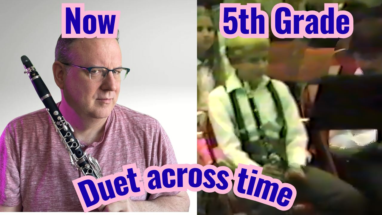 Current Jay and 5th grade jay right next to each other with the words "Duet across time" at the bottom