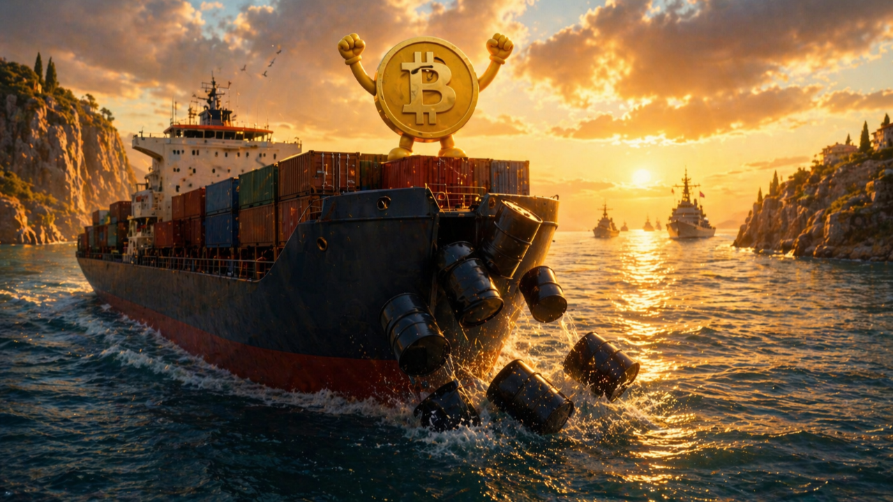 Bitcoin price chart breaking above $78,000 with Strait of Hormuz shipping lane overlay