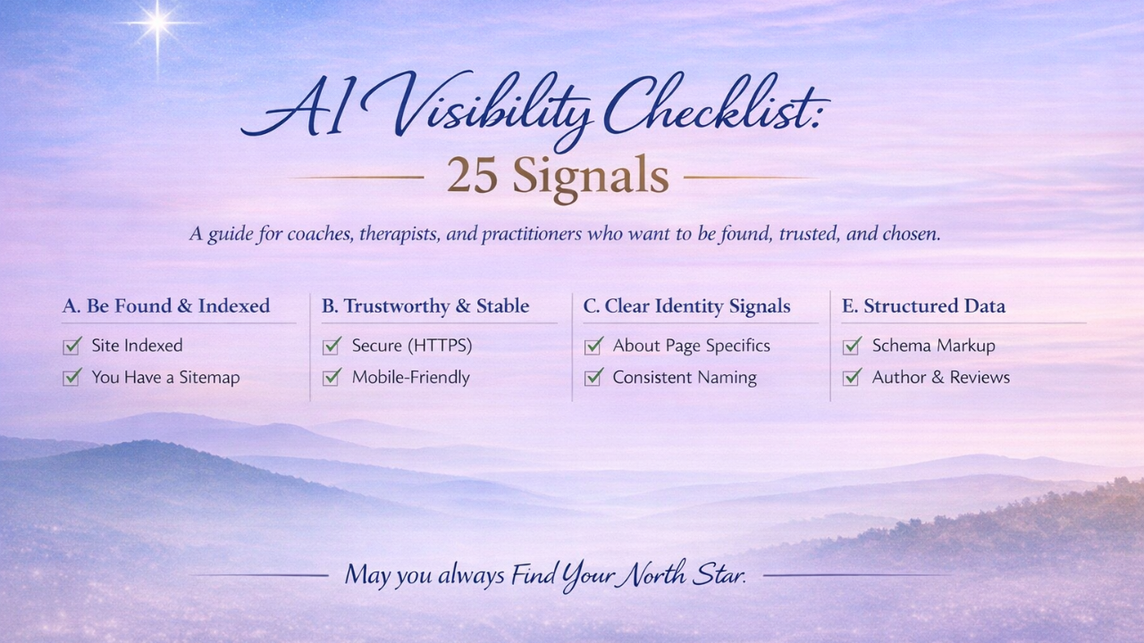 Landscape graphic with a soft pastel sky and mountains featuring the title “AI Visibility Checklist: 25 Signals” for coaches, therapists, and practitioners.