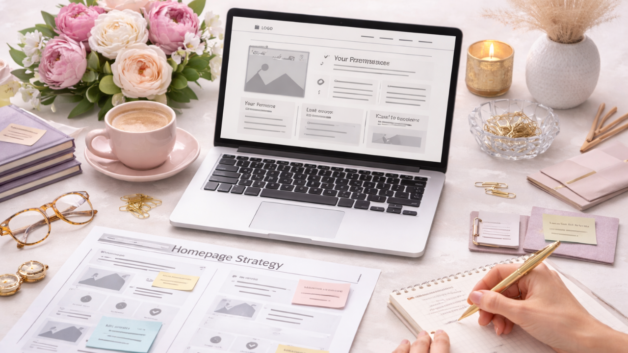 Homepage strategy workspace for a Bucks County, PA website designer creating a high-converting homepage layout for women entrepreneurs.