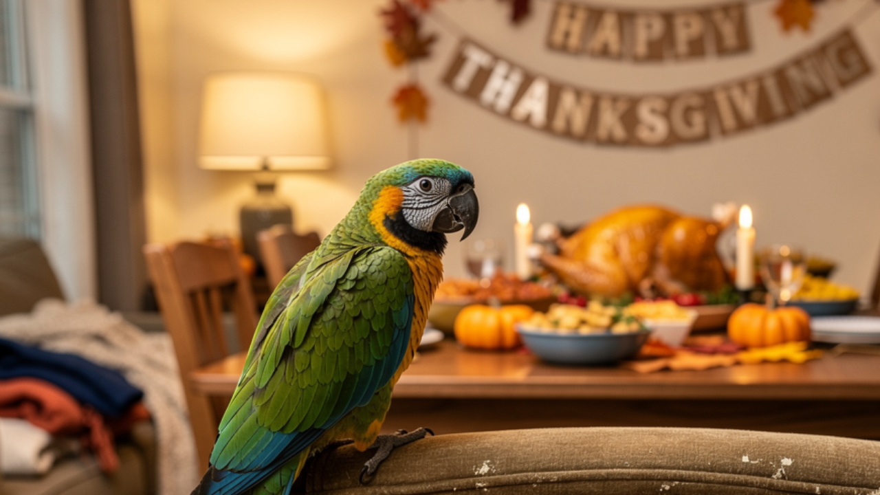 Colorful parrot looking at holiday feast with holiday foods toxic to birds highlighted on table