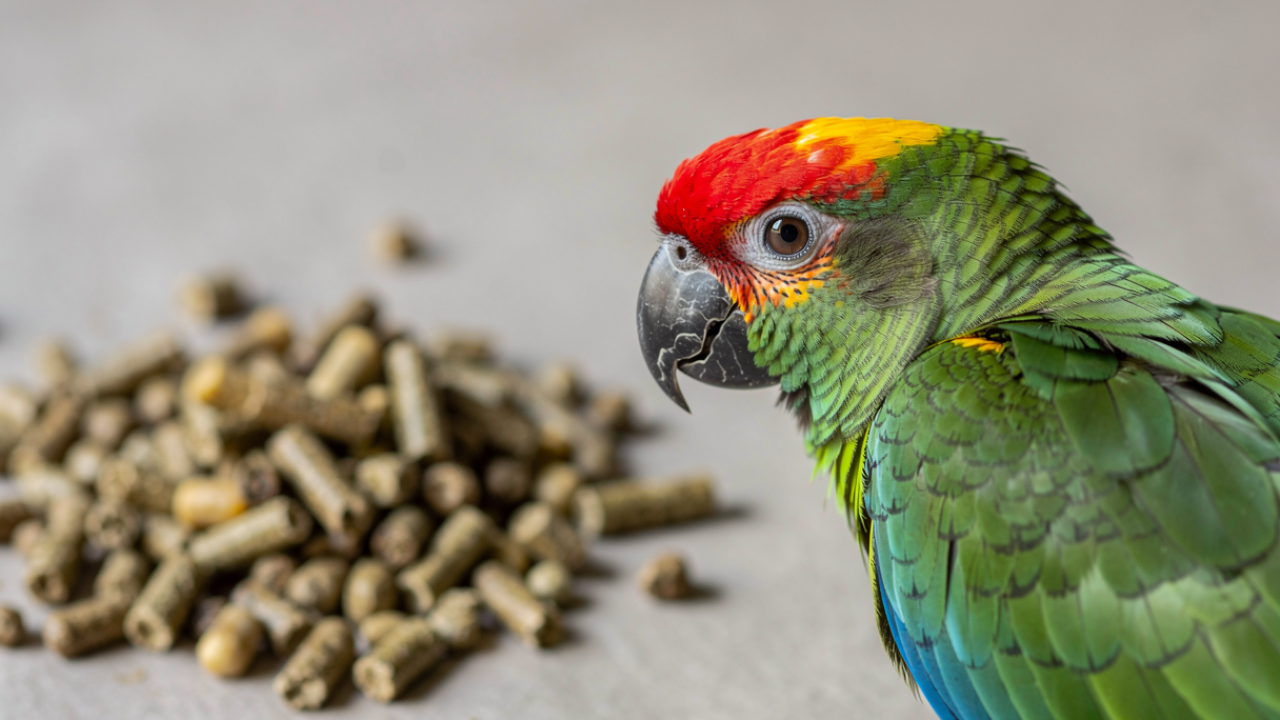Colorful parrot eating pellets from bowl showing successful parrot diet transition