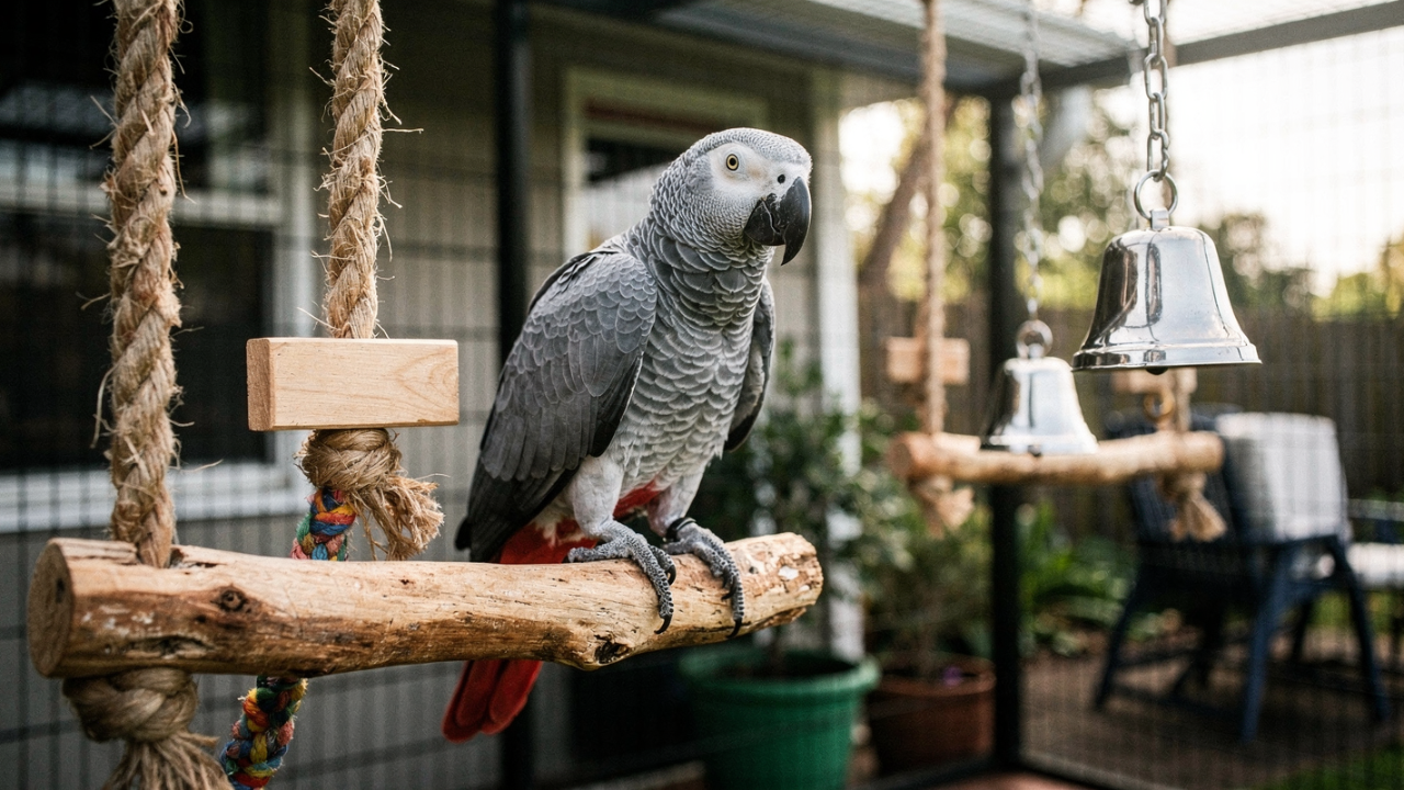 African grey parrot perched calmly on a purch during a positive reinforcement training session
