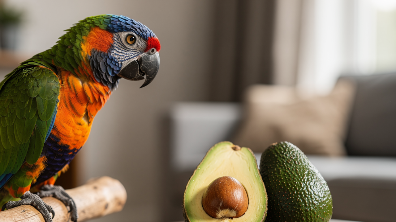 Fresh avocado cut in half showing pit and flesh that is toxic to birds and parrots