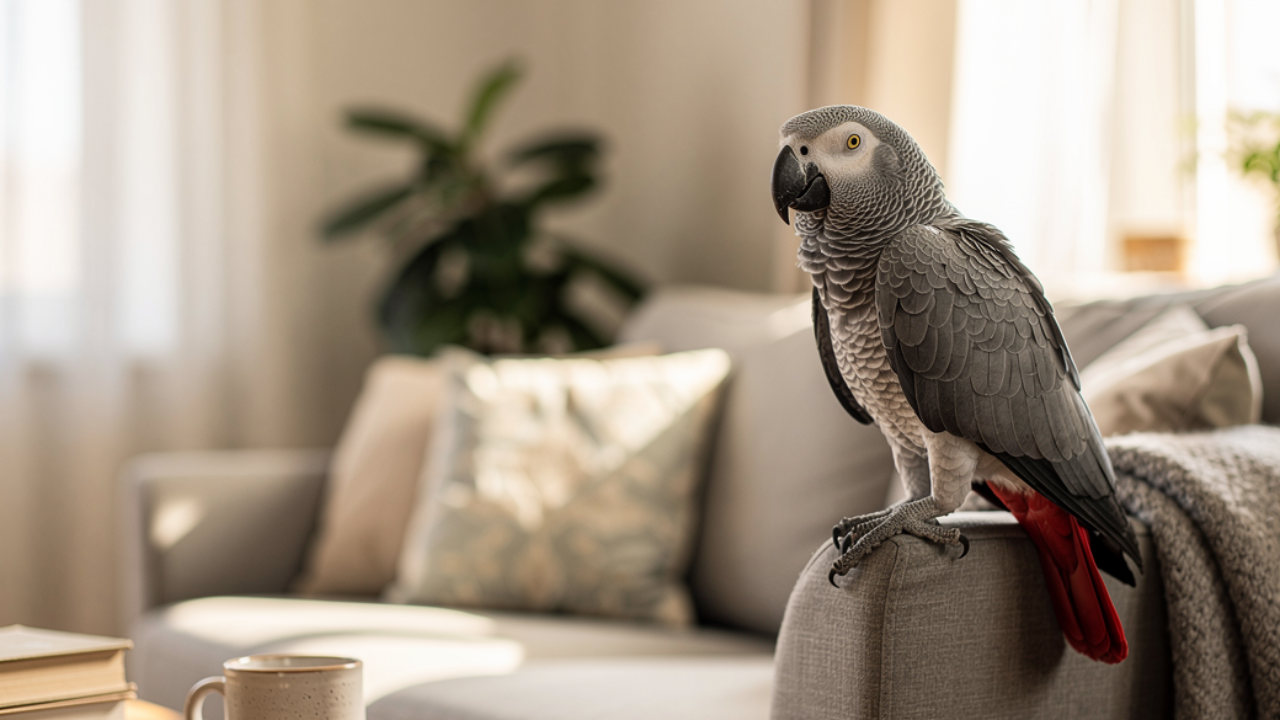 African grey parrot perched calmly during training session demonstrating species-specific behavior patterns