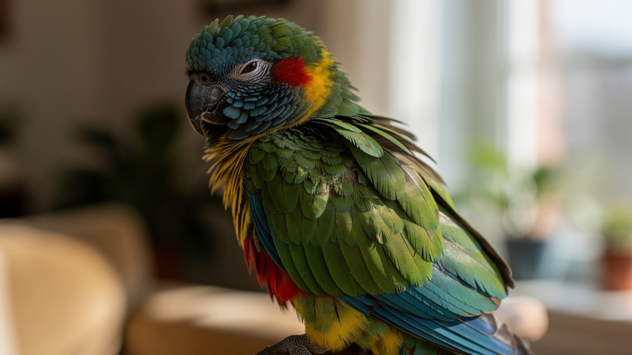 Calm parrot perched naturally demonstrating healthy hormonal parrot behavior management techniques