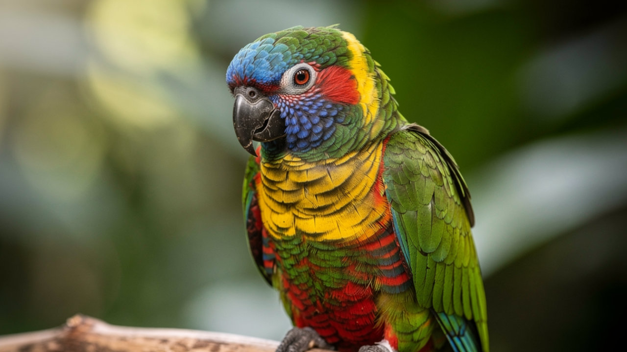 Close-up of colorful parrot perched on branch showing calm body language with soft eyes and relaxed feathers explaining why parrots bite
