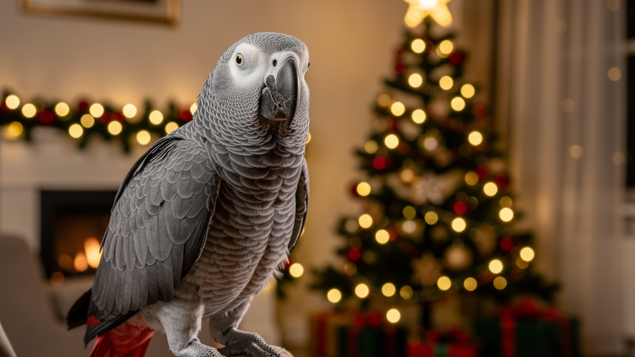 African Grey parrot perched safely away from holiday decorations during parrot safe holiday season preparations
