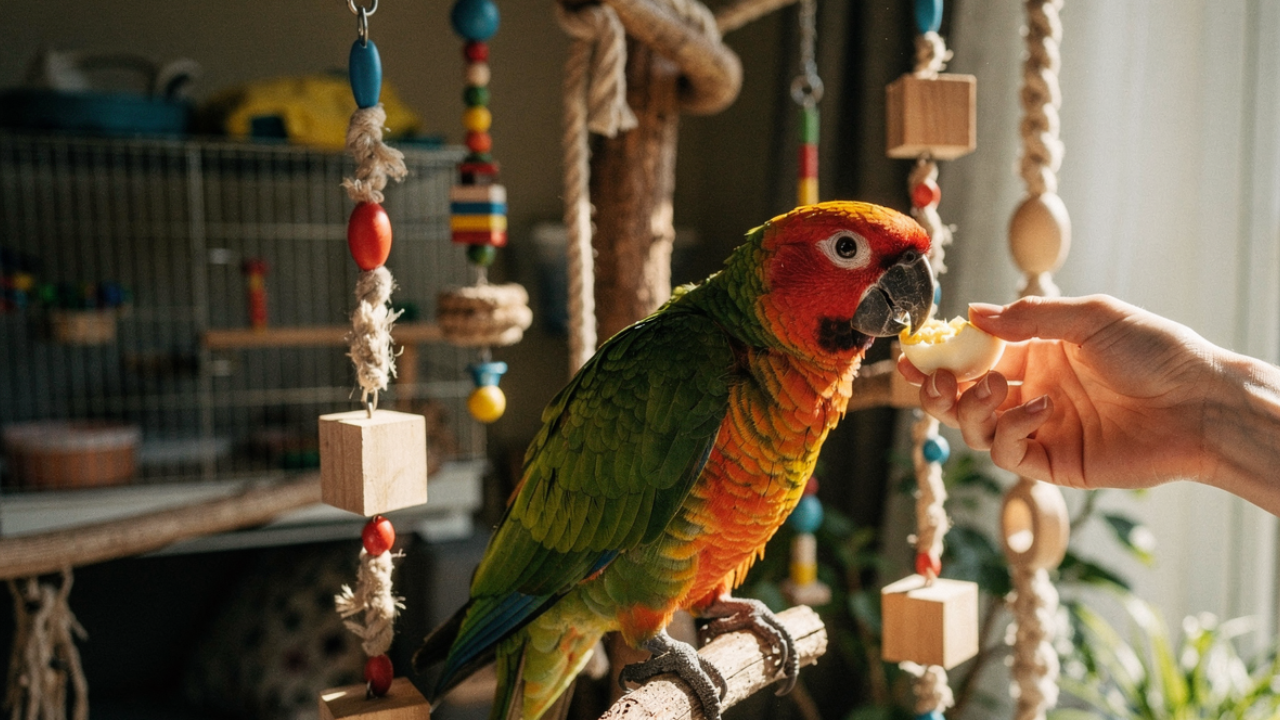 Parrot eating a piece of cooked egg as a healthy training treat
