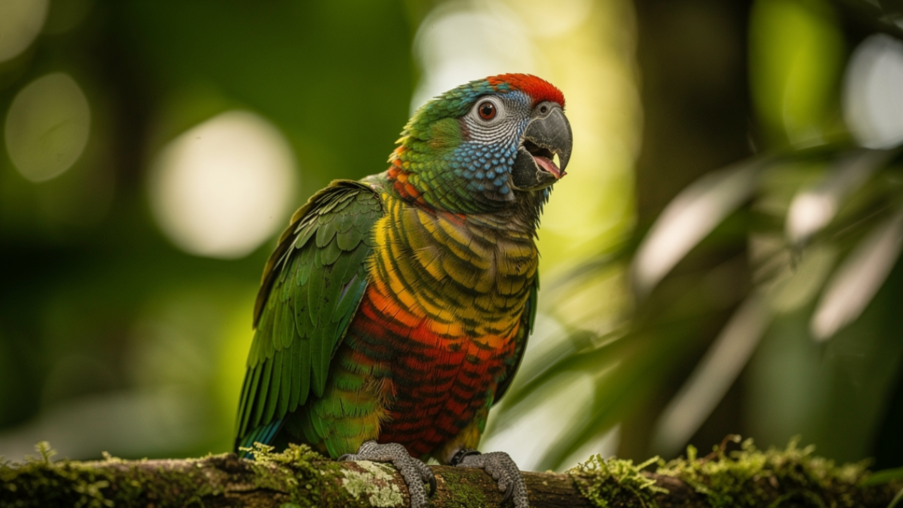Close-up of parrot with open beak showing natural vocalization behavior, demonstrating parrot screaming for attention