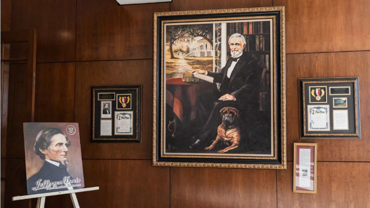 Framed portraits and memorabilia of Jefferson Davis displayed on a wood-paneled wall at Beauvoir, including a large painting of Davis with a dog, historic documents, and a smaller portrait on an easel.