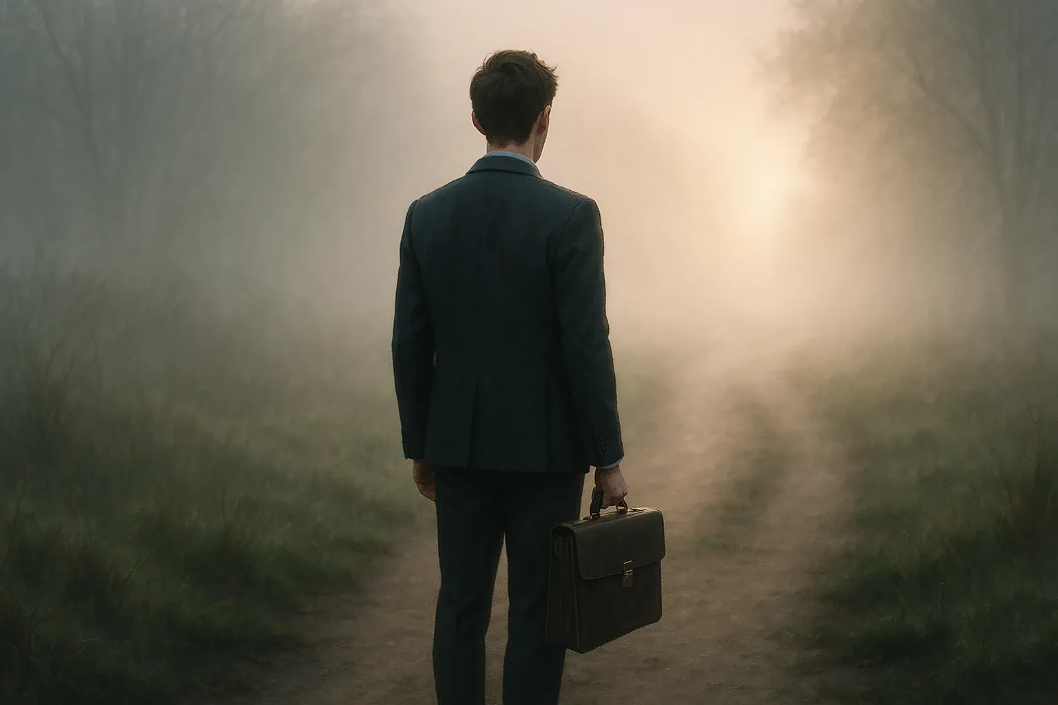 Young professional stands at edge of foggy path into bright light