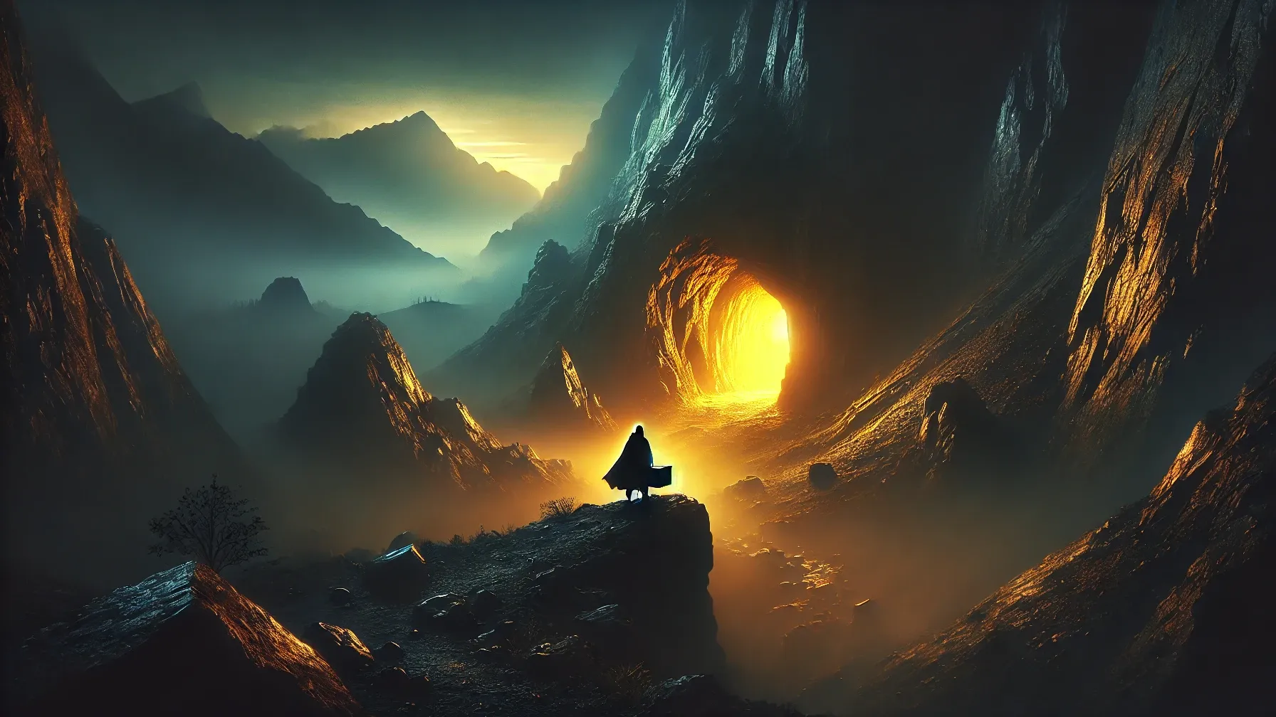 A man stands before a cave emanating light
