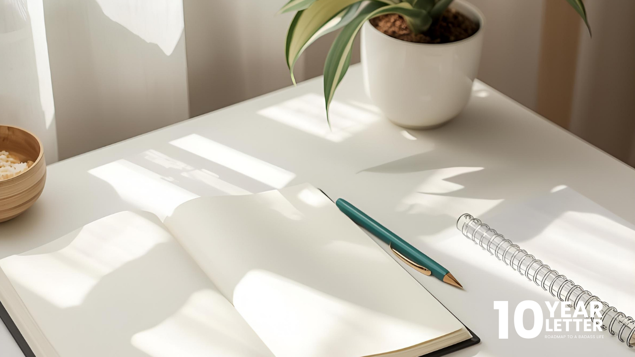 Open journal on a clean, minimal desk with warm natural light creating a calm, reflective mood.