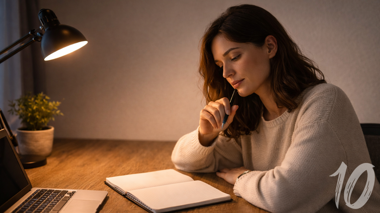 A woman sits quietly at a desk, a blank notebook open in front of her. Pen in hand, she pauses—not because she has nothing to say, but because she’s choosing to be honest about what she really wants.