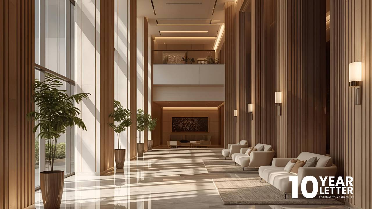 Empty hotel lobby with soft ambient lighting, elegant interior, and a quiet, reflective atmosphere.