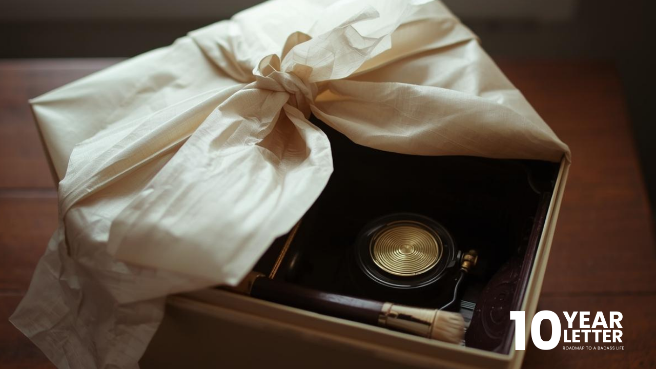 Half-unwrapped gift resting on a table with gently folded wrapping paper in neutral tones, creating a quiet and unfinished Christmas moment.
