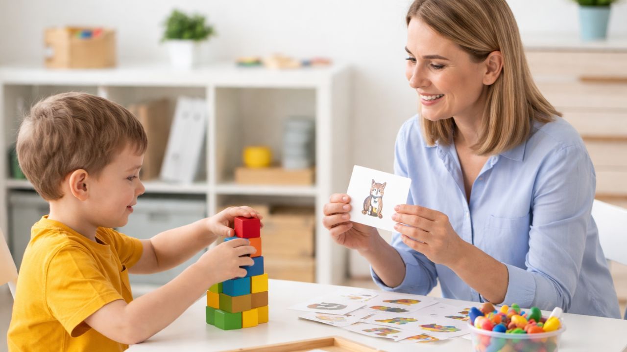 Terapeut lucrând cu un copil mic la dezvoltarea limbajului și jocului în cadrul unei terapii pentru întârzieri în dezvoltare.