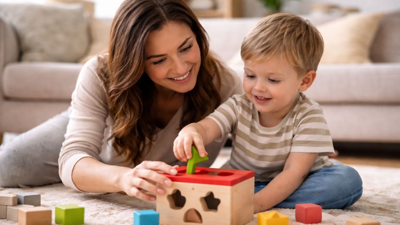 Mamă sau terapeut care se joacă cu un copil mic pe covor folosind jucării educative pentru dezvoltarea limbajului, comportamentului și interacțiunii.