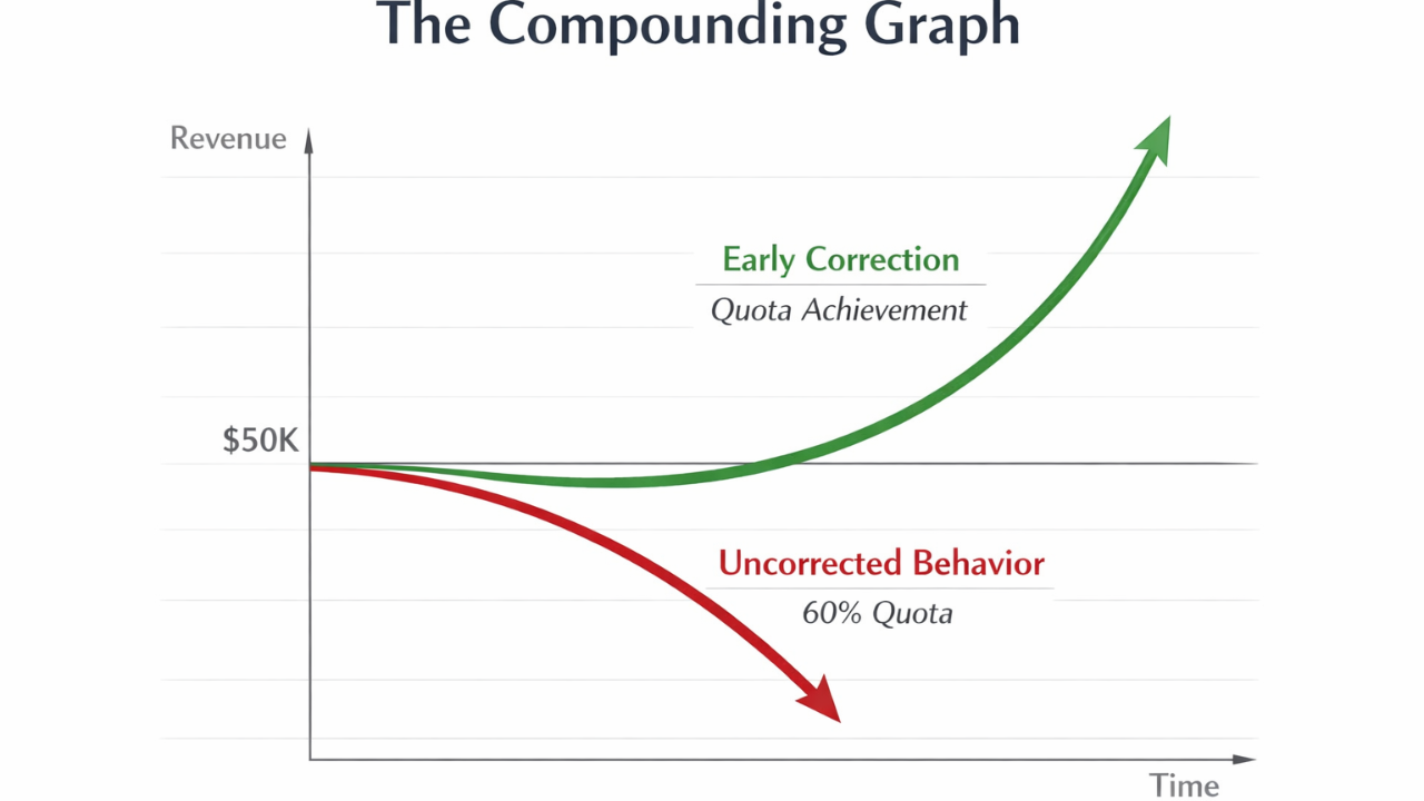 Compounding effect of early sales coaching correction versus uncorrected behavior on revenue performance