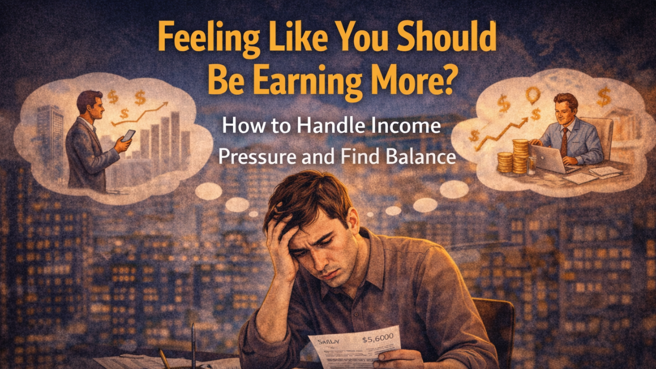 person feeling pressure about income and comparing salary to others while thinking about financial growth and career progress