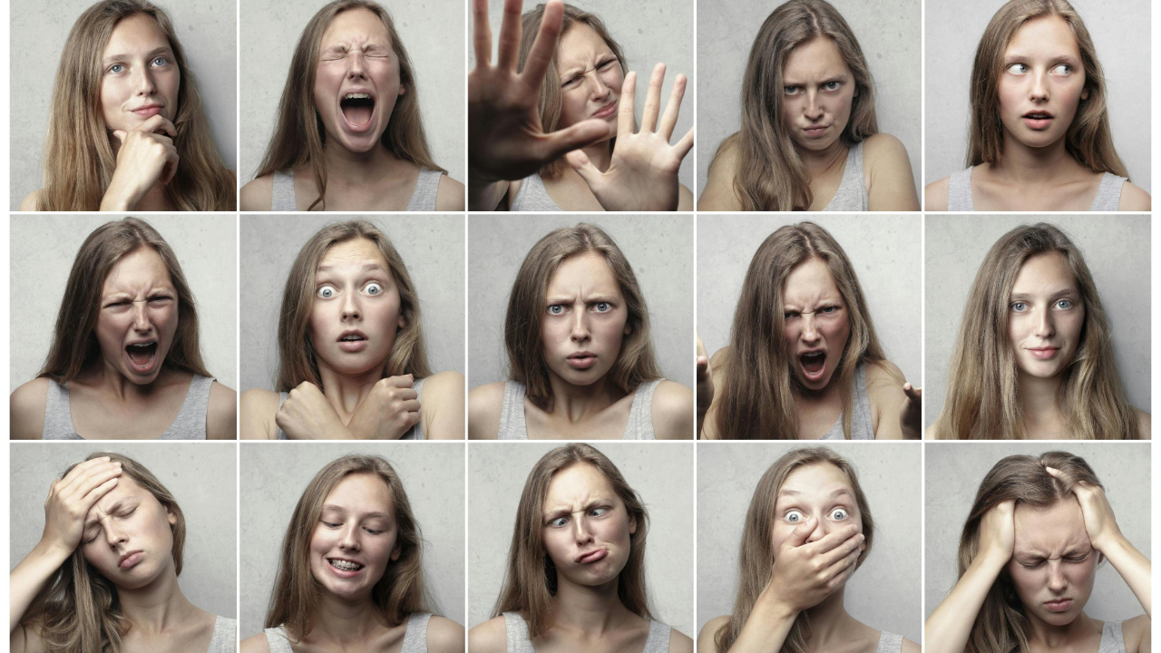 A grid of photographs shows the same woman displaying a wide range of facial expressions, including joy, confusion, frustration, surprise, and sadness.