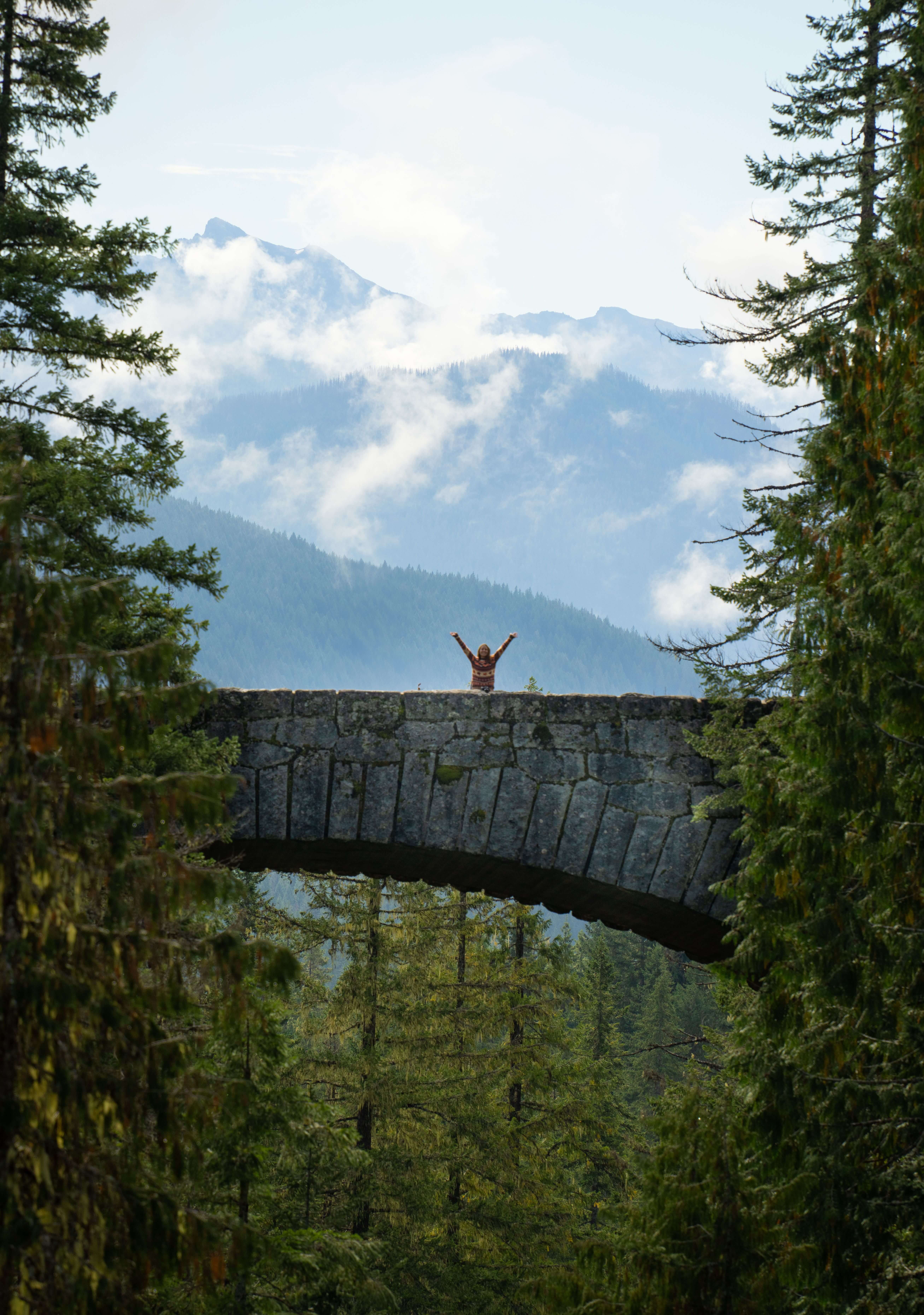Tiny figure of a person standing with arms raised on top of a stone arched bridge surrounded by tall pine trees and misty mountain peaks | tapping therapist | therapeutic coaching online | international trauma therapist | New York City | Los Angeles | Seattle