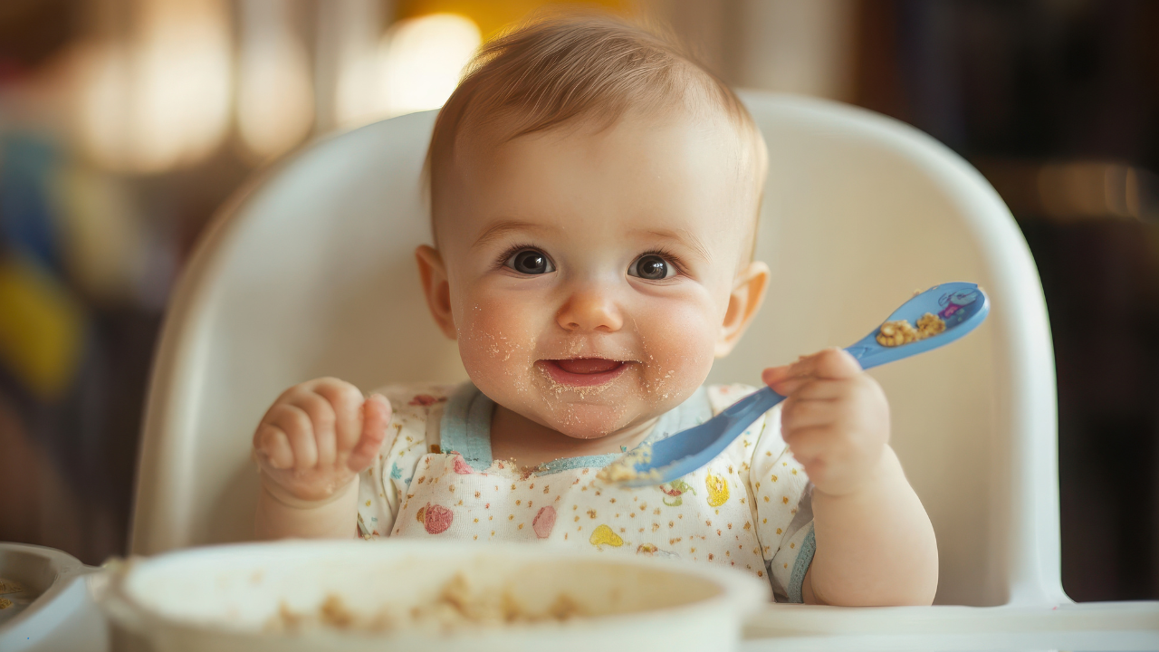 Baby sitting in high chair eating with a blue spoon