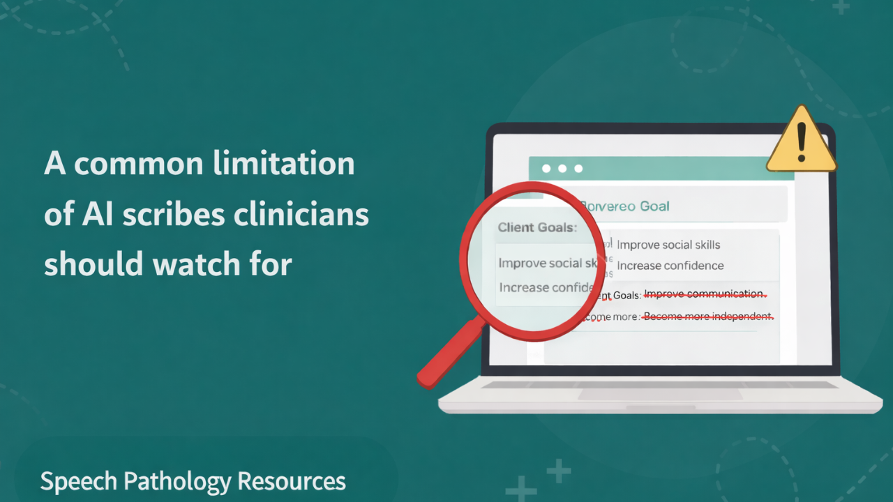 Blog header image with the text “A common limitation of AI scribes clinicians should watch for,” set on a calm teal and grey background, featuring a simple icon representing clinical documentation and technology.
