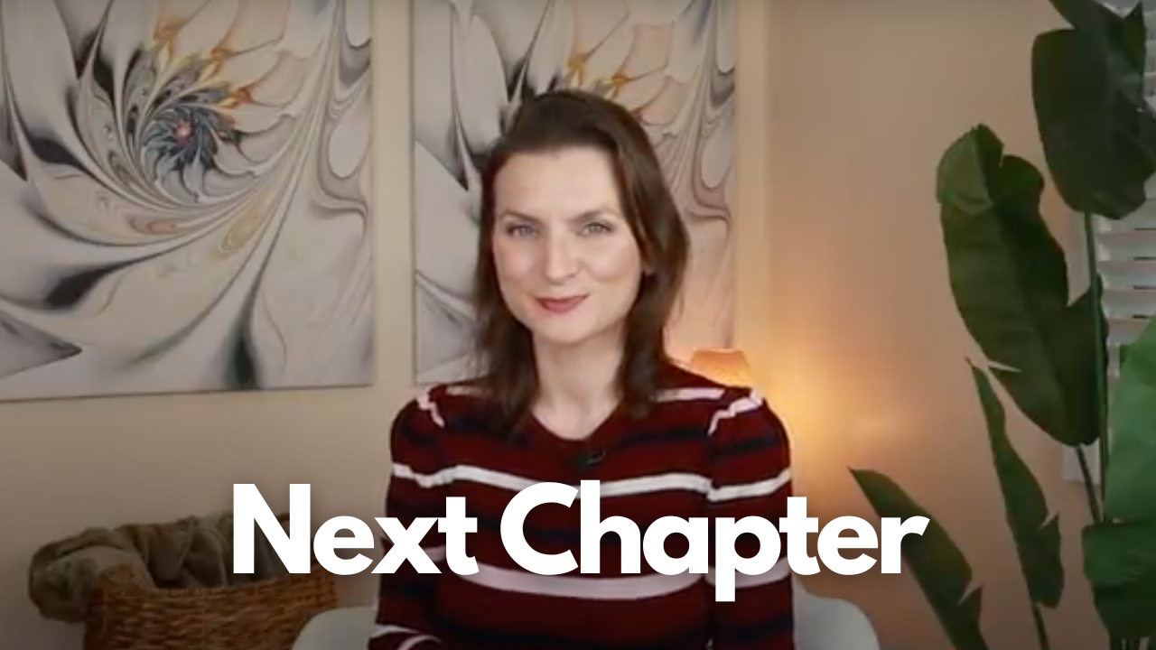Chicquette YouTube channel next chapter announcement with a woman discussing personal growth, fashion, and high-value living, cozy background with abstract art and plants.