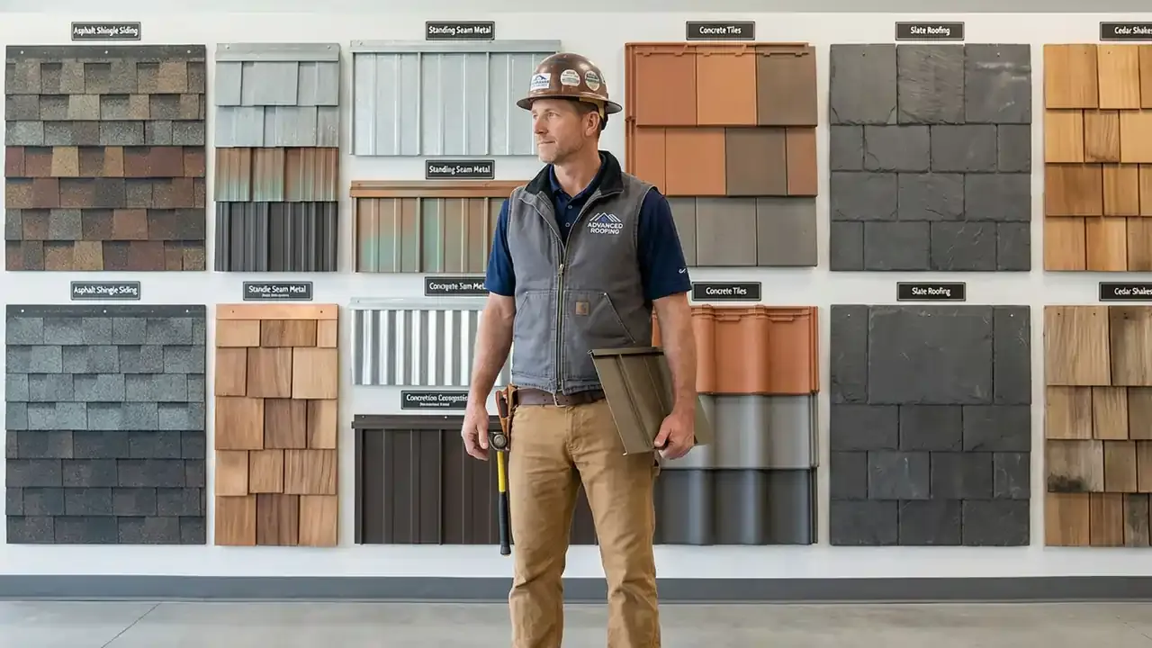 A roofer standing in front of a wall adorned with various roofing materials
