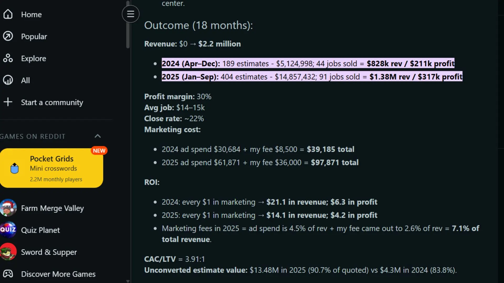 snippet from reddit where one user explains his experience of growing revenue from $828k to $1.38M