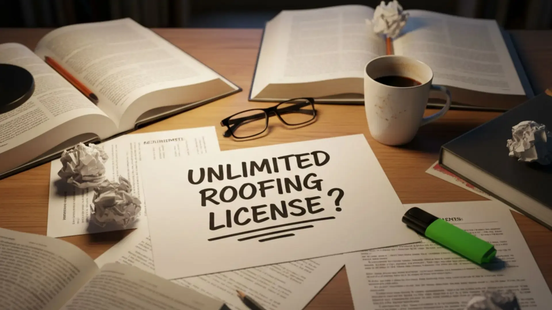 A disorganized table with one placard that says unlimited roofing license