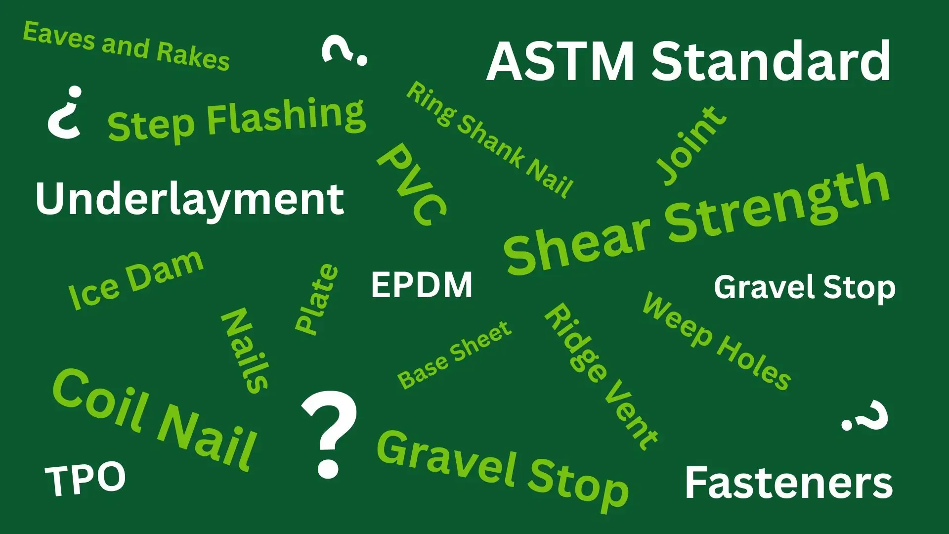 An deep green background with random light green and white roofing terminologies and white 