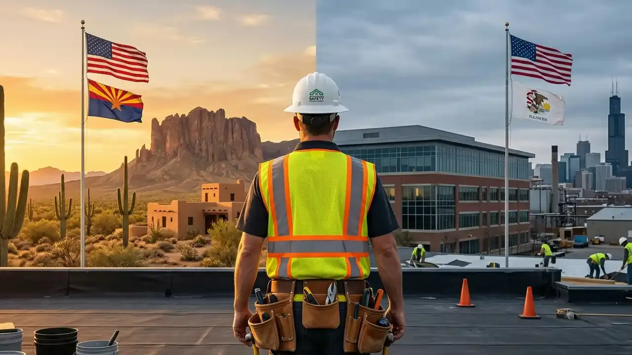 A roofer stuck at a cross road with Illinois on one side and Arizona on the other