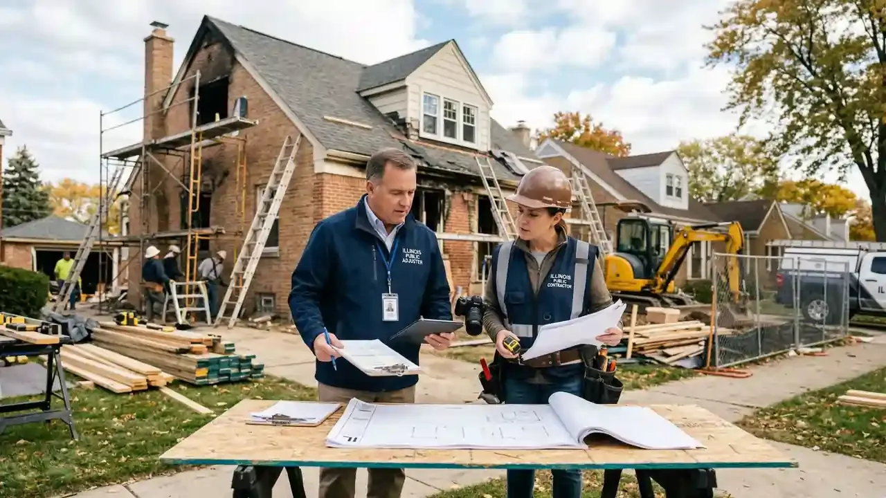 a public adjuster and contractor pouring over paperwork while an under repair house looms in the background
